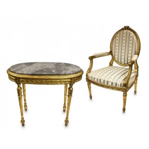 Fotel i stolik owalny w stylu Ludwika XVI, Europa środkowa, ost. ćw. XIX w.