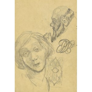 Stanislaw KAMOCKI (1875-1944), Rôzne skice: portrétna štúdia ženy, profil mnícha, vineta, viazaný monogram SK