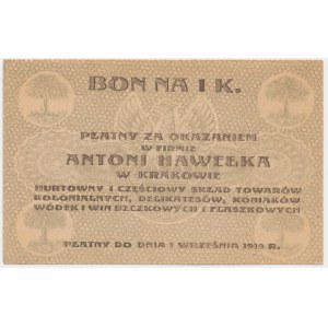 Kraków, Antoni Hawełka, 1 korona 1919 - blankiet -