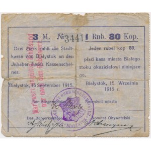 Białystok, 3 Marki = 1 Rubel 80 Kopiejek 1915r. - RZADKIE