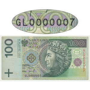 100 złotych 1994 - GL 0000007 - bardzo niski numer