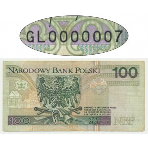 100 złotych 1994 - GL 0000007 - bardzo niski numer