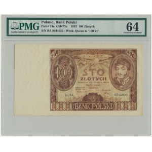 100 złotych 1932 - Ser.BA. - bez dodatkowych znaków wodnych - PMG 64