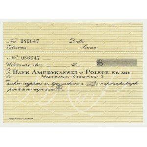 Warszawa, czek Banku Amerykańskiego w Polsce 19..