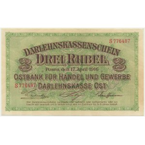 Posen, 3 Rubles 1916 - S - short clause (P4b) -