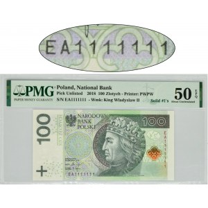 100 złotych 2018 - EA 1111111 - PMG 50 EPQ - SOLID