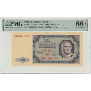 20 złotych 1948 - AG - PMG 66 EPQ - rzadka odmiana