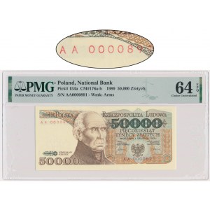 50.000 złotych 1989 - AA 0000891 - PMG 64 EPQ - niski numer seryjny