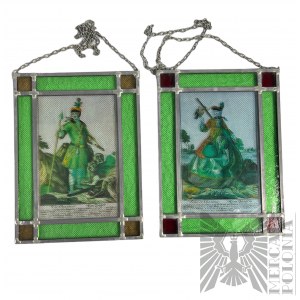 Pair of stained glass windows with hunting/military themes 20th century