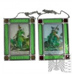 Pair of stained glass windows with hunting/military themes 20th century