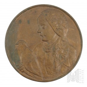 ART DECO - Dąbrowska Teodora (1891-1973) Plakette Bronze Mädchen mit Taube