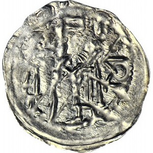 Bolesław I Wysoki 1163-1201 lub Mieszko Plątonogi 1163-1211, Denar, Wrocław, Dwie postacie, krzyż