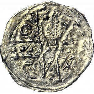 Bolesław I Wysoki 1163-1201 lub Mieszko Plątonogi 1163-1211, Denar, Wrocław, Dwie postacie, krzyż