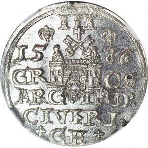 Stefan Batory, Trojak 1586 Ryga, mała głowa, REX PO, menniczy