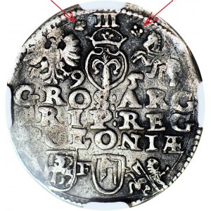 RR-, Zygmunt III Waza, Trojak 1595, Lublin, znak TOPÓR, data po bokach SNOPKA, CIEKAWE OZDOBNIKI, T.30, Iger R6