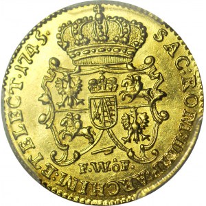 RR-, August III Sas, Dukat 1745 F.W.ô.F, Drezno, rzadki, menniczy