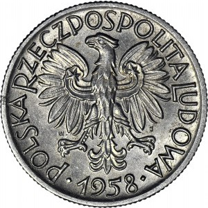5 złotych 1958 Rybak, wąska ósemka, ok. menniczy