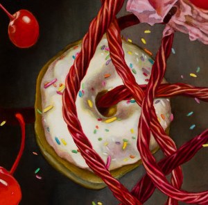 Monika Malewska, Donuts and Licorice Candy Composition with a Cupcake, 2017