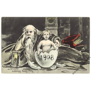 [Happy New Year] Laimingu Nauju Metu 1908; Drawn by Graczynski. Published by T. Piętka, Wrocław