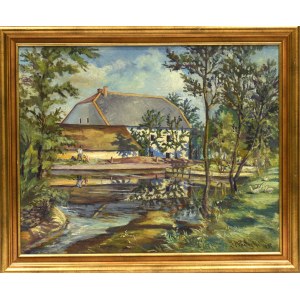 Janusz PODOSKI, (1898-1971), Pejzaż z chatą i strumykiem, 1933