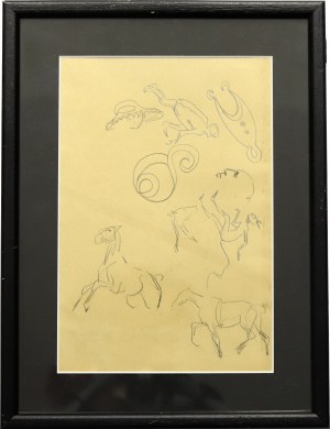 Karol KOSSAK (1896-1975), Sketches of horses, satirical drawings of the devil, 1922