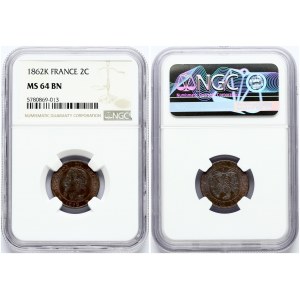 2 Centimes 1862 K NGC MS 64 BN ONLY 3 COINS IN HIGHER GRADE