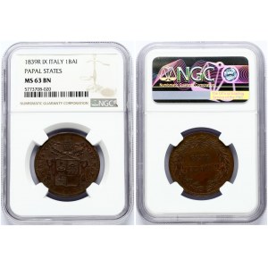 Vatican Baiocco 1839 IX NGC MS 63 BN ONLY ONE COIN IN HIGHER GRADE