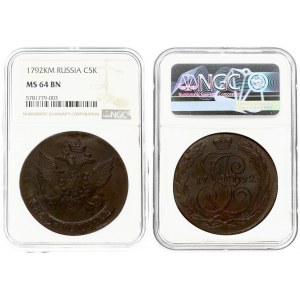 Russia 5 Kopecks 1792 KM NGC MS 64 BN TOP POP