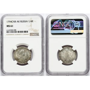 Russia Polupoltinnik 1794 СПБ-АК (R1) NGC MS 61 ONLY 2 COINS IN HIGHER GRADE