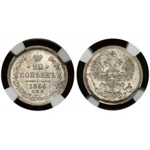 Russia 20 Kopecks 1866 СПБ-НФ NGC MS 65 ONLY ONE COIN IN HIGHER GRADE