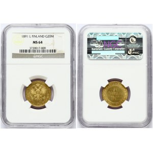 Russia for Finland 20 Markkaa 1891 L (R) NGC MS 64