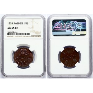 Sweden 1/4 Skilling 1828 NGC MS 65 BN TOP POP