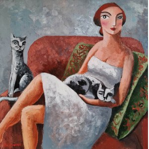 Marlena Lozinska, Frau mit Katzen, 2023.