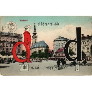 Budapest I. Tabán, Döbrentei tér, piac, templom, villamos, fodrász, üzlet. Gabel System ABC montázslap a D betűvel...