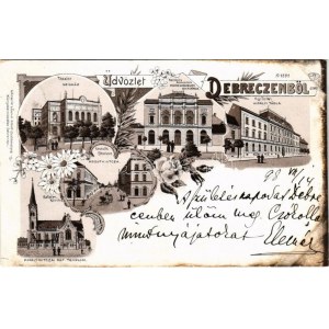 1898 (Vorläufer) Debrecen, színház, Kereskedelmi Akadémia, Királyi tábla, Kossuth utcai Református templom...