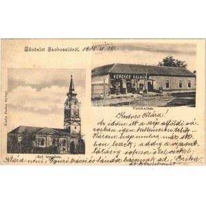 1908 Hajdúszoboszló, Református templom, Vasút utca, Kerekes Kálmán üzlete...