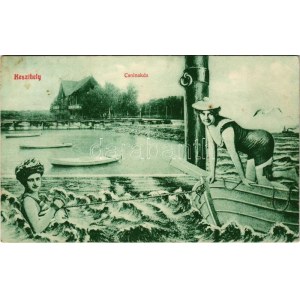 1911 Keszthely, Csolnakda, csónakház. Szecessziós montázslap hölgyekkel úszódresszben (ragasztónyom / gluemark...