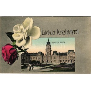 1912 Keszthely, Festetics palota. Szecessziós montázs virágokkal, Art Nouveau, Mérei Ignác 1908. 581. (EK...
