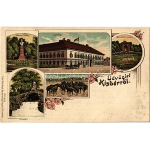 1900 Kisbér, Kozma és Wenckheim emlék, Ménesparancsnokság kastély, Pulai ménes, vízesés. Car Otto Hayd No. 1429...