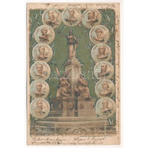 1901 Arad, Vértanú szobor, szecessziós litho emléklap a 13 aradi vértanú arcképével. Lengyel Lipót Műintézet ...