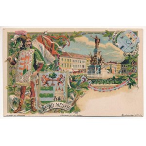 Arad, Vértanú szobor, Arad megye címere, Athenaeum Rt. kőnyomda / martyrs' statue, coat of arms. Art Nouveau, floral...