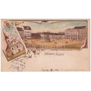 1901 Arad, Szabadság tér vértanú szoborral, Római katolikus templom, üzletek / square, monument, church, shops...