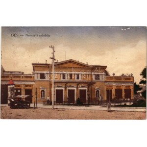 1918 Dés, Dej; Nemzeti színház, piaci árusok, hirdetőoszlop. Medgyesi Lajos kiadása / theatre, market vendors...