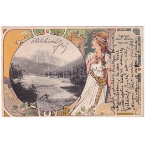 1903 Gyergyószentmiklós, Gheorgheni; Gyilkos-tó. Szecessziós virágos litho keret / Lacul Rosu (Ghilcos) / lake...