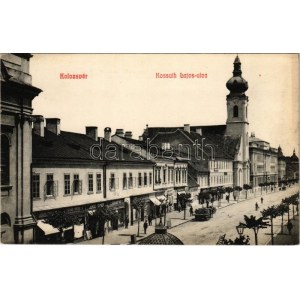 Kolozsvár, Cluj; Kossuth Lajos utca, Andrásovszky Lajos, Fodor Antal, Juhos József, Kun Mátyás üzlete / street...