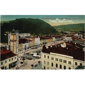 1917 Besztercebánya, Banská Bystrica; IV. Béla király tér a toronyból nézve, Kohn József és Löwy Ferenc üzlete, piac...