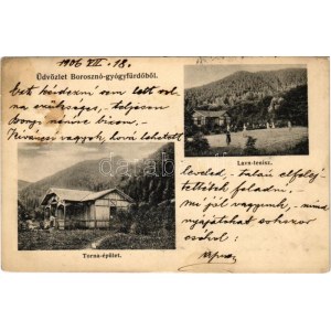 1906 Borosznófürdő, Brusno-kúpele (Borosznó, Brusznó, Brusno); Lawn teniszpálya teniszezőkkel, Tornaépület, tornaterem...