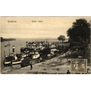 Komárom, Komárnó; kikötő gőzhajókkal. Schönwald Tivadar kiadása / Hafen ...