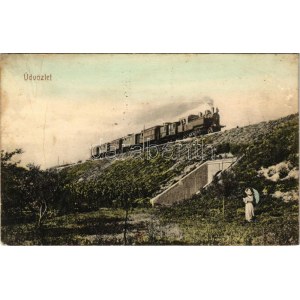 1911 Bácskossuthfalva, Kossuthfalva, Moravica, Ómoravica, Ómoravicza, Stara Moravica; vasúti töltés, gőzmozdony, vonat...