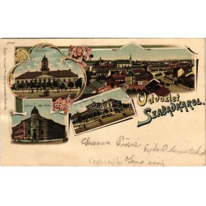 1900 Szabadka, Subotica; Városháza, Városi népiskola, Postahivatal. Heumann Mór kiadása / town hall, school...